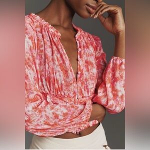 Anthropologie Long Sleeve spring Ruched Red White Crop Top coquette girl M